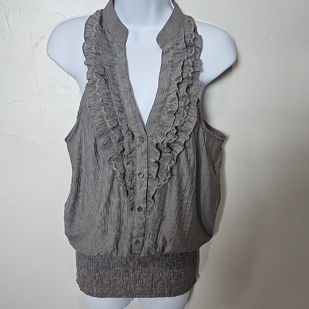 Gray Ruffled Women's Sleeveless Blouse